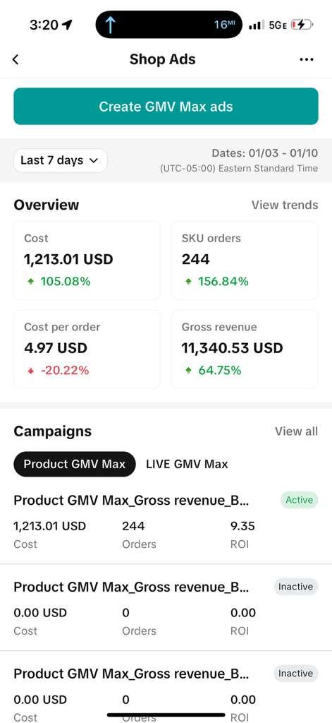 TikTok GMV Max ads dashboard showing 9.35 ROI on $1,213.01 spend